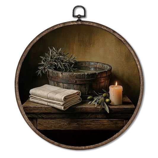 Giosve Vintage Rustic Bathroom Round Wall Art Canvas Framed Poster, Moody Dark Cottagecore Wooden Tub Towels and Candle Hanging Wall Sculptures for Bathroom Washroom Restroom Decor, 10x10 Inch YH553-YGH01