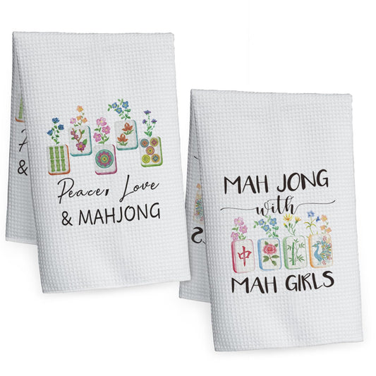 Bogatstvo Mahjong Gifts Dish Towels for Women Friends, Set of 2 Floral Mahjong Decorative Waffle Weave Kitchen Towels for Home Bar Bathroom, Housewarming Birthday Mothersday Gifts, Peace Love & Mahj