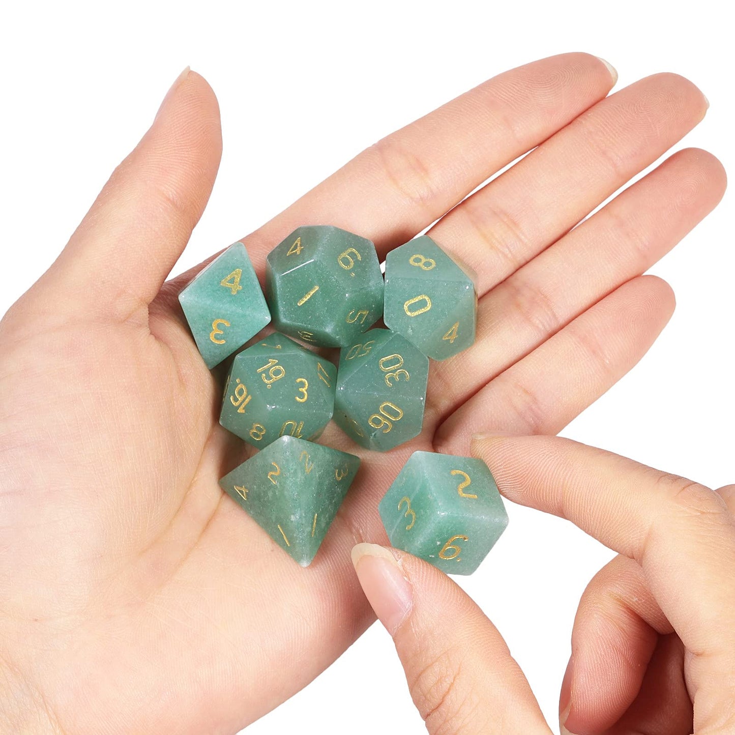 mookaitedecor 7 PCS Green Aventurine Crystal Polyhedral DND Dice Set, Polished Tumbled Stones Dices for RPG MTG Table Games Home Decoration
