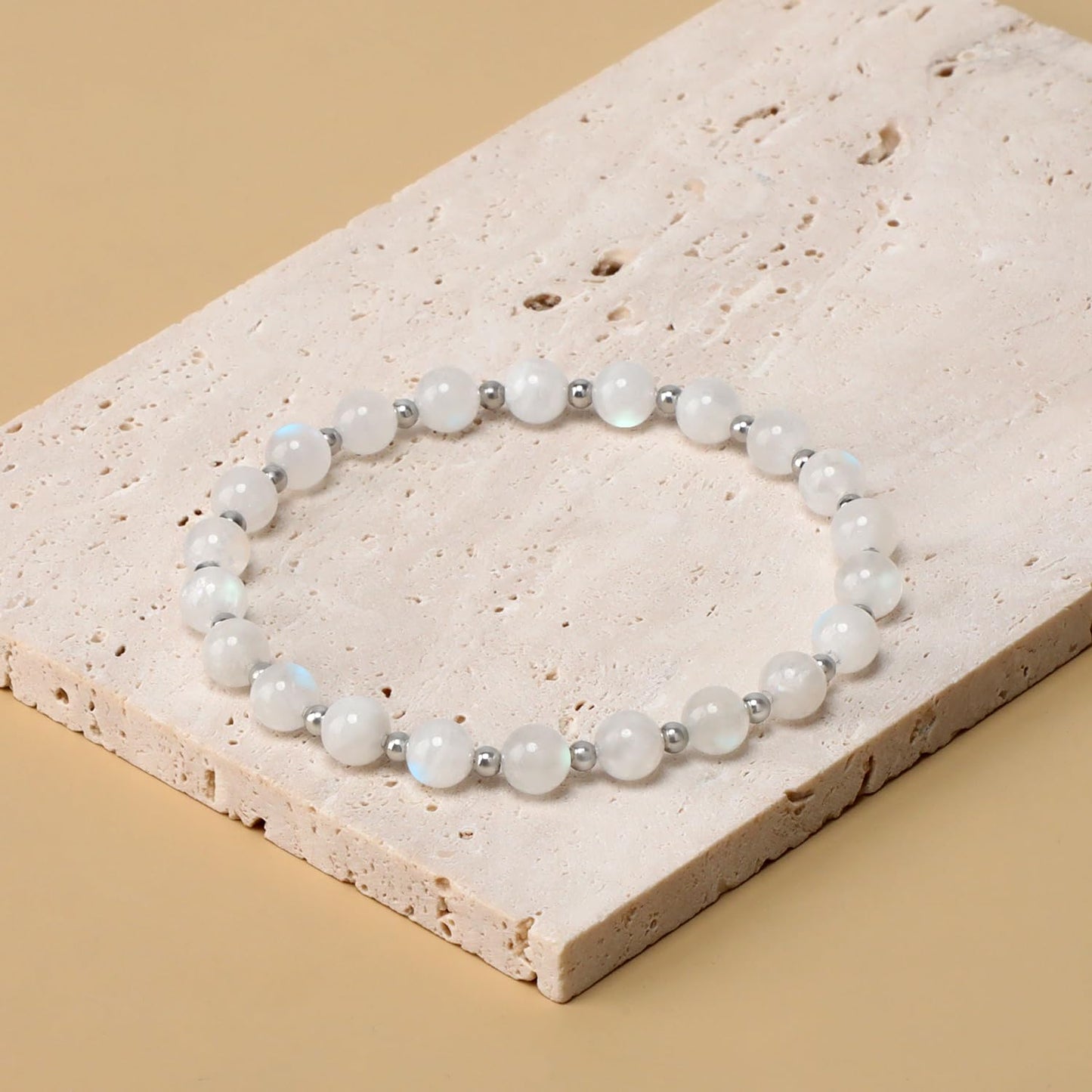 QOGIR Moonstone - New Beginnings - Stainless Silver Beads Natural Gemstone Stretch Elastic Dainty Healing Beaded Bracelets Gifts 6mm