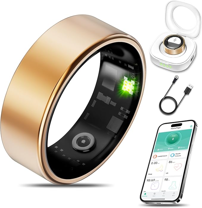 Smart Health Ring for Women Men Fitness Tracker with Heart Rate, Blood Oxygen, Blood Pressure, Sleep Monitoring, Step Counting, IP68 Waterproof for iPhone and Android, No Subscription Fee, Gold 14