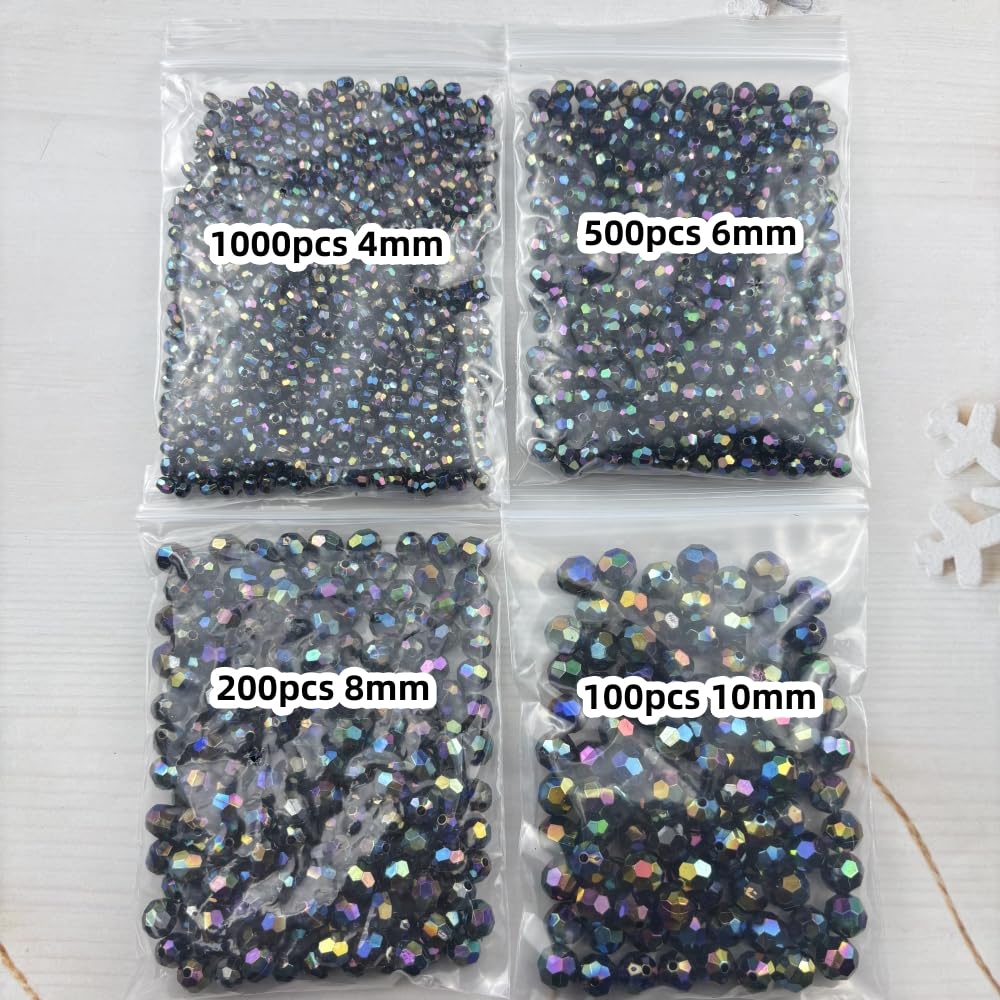 Pinhoollgo 1800pcs Acrylic Faceted Round Beads 4mm 6mm 8mm 10mm AB Colors Glossy Acrylic Round Spacer Beads with Hole for DIY Bracelet Necklace Jewelry Making Supplies Handmade Craft(Black AB)