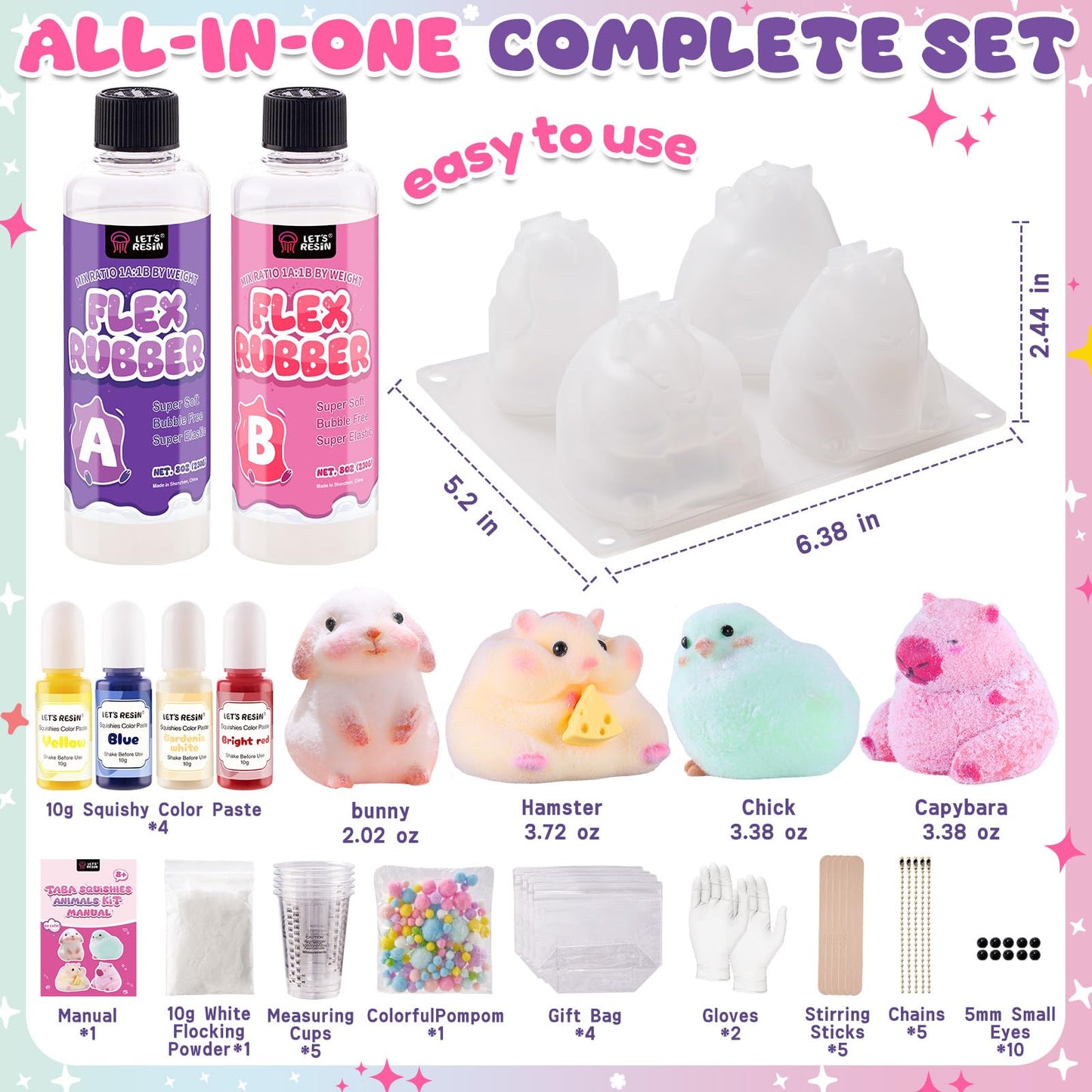 LET'S RESIN Flex Rubber for Taba Squishy Kit, All-in-one Beginner Kit for Squishy Maker, with 16oz Silicone Gel, Hamster/Capybara/Rabbit/Chick Silicone Molds, Color Paste, Flocking Powder, Ideal Gifts