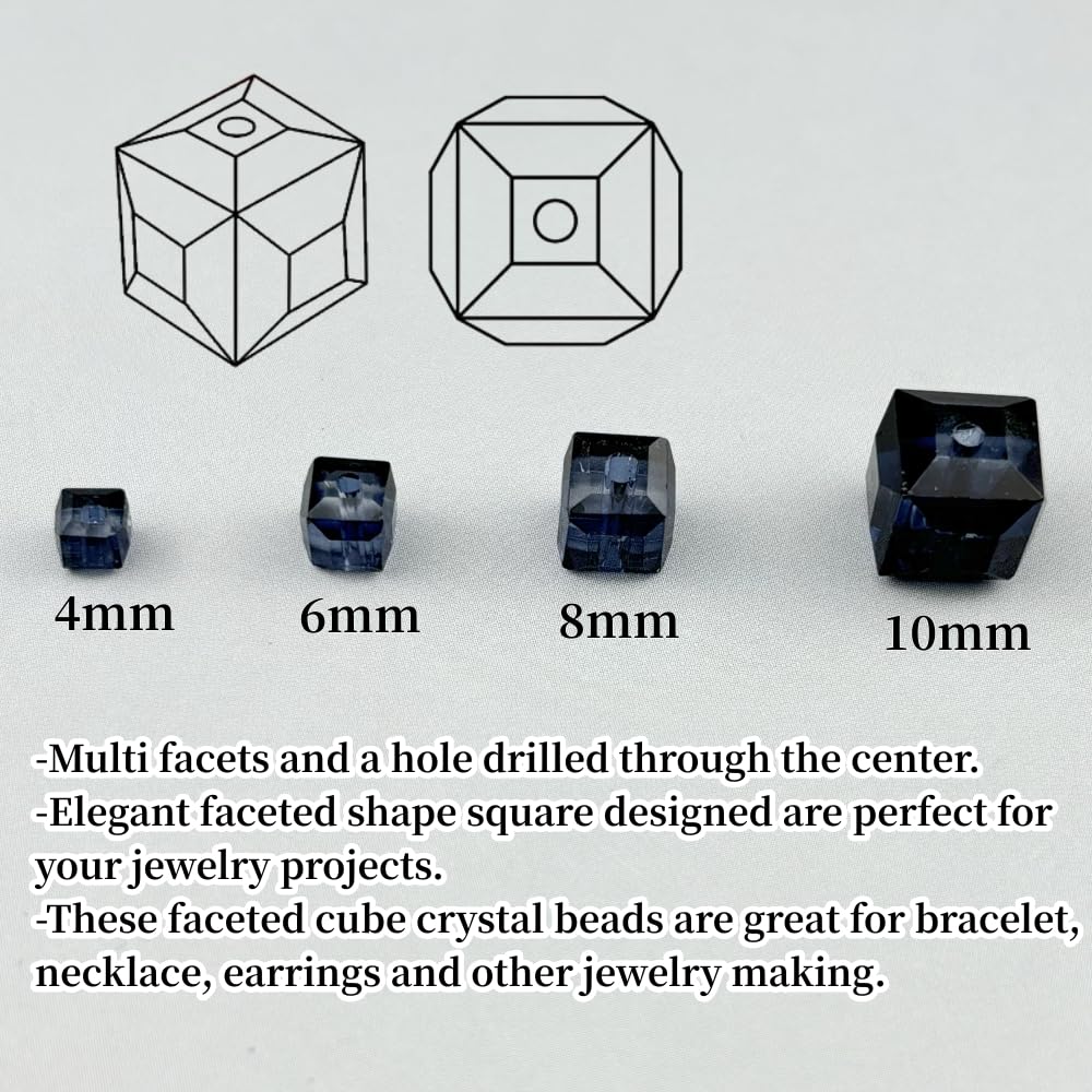 YUEXIGO 100pcs 6mm Cube Crystal Glass Beads for Jewelry Making Faceted Square Crystal Glass Bead Spacer Beads Loose Beads for Bracelet Earring Necklace DIY Craft(Ink Blue)