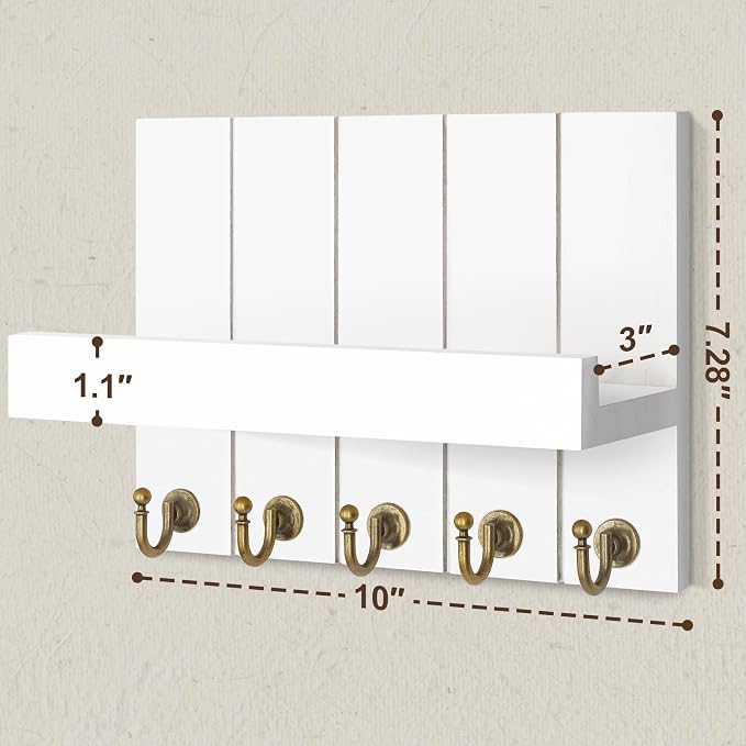 Rebee Vision Key Holder for Wall - Decorative Mail Organizer Wall Mount with 5 Key Hooks for Modern Farmhouse Apartment Essentials - Home Decor for Living Room (Rustic White, 3.54"D x 10"W x 7.28"H)