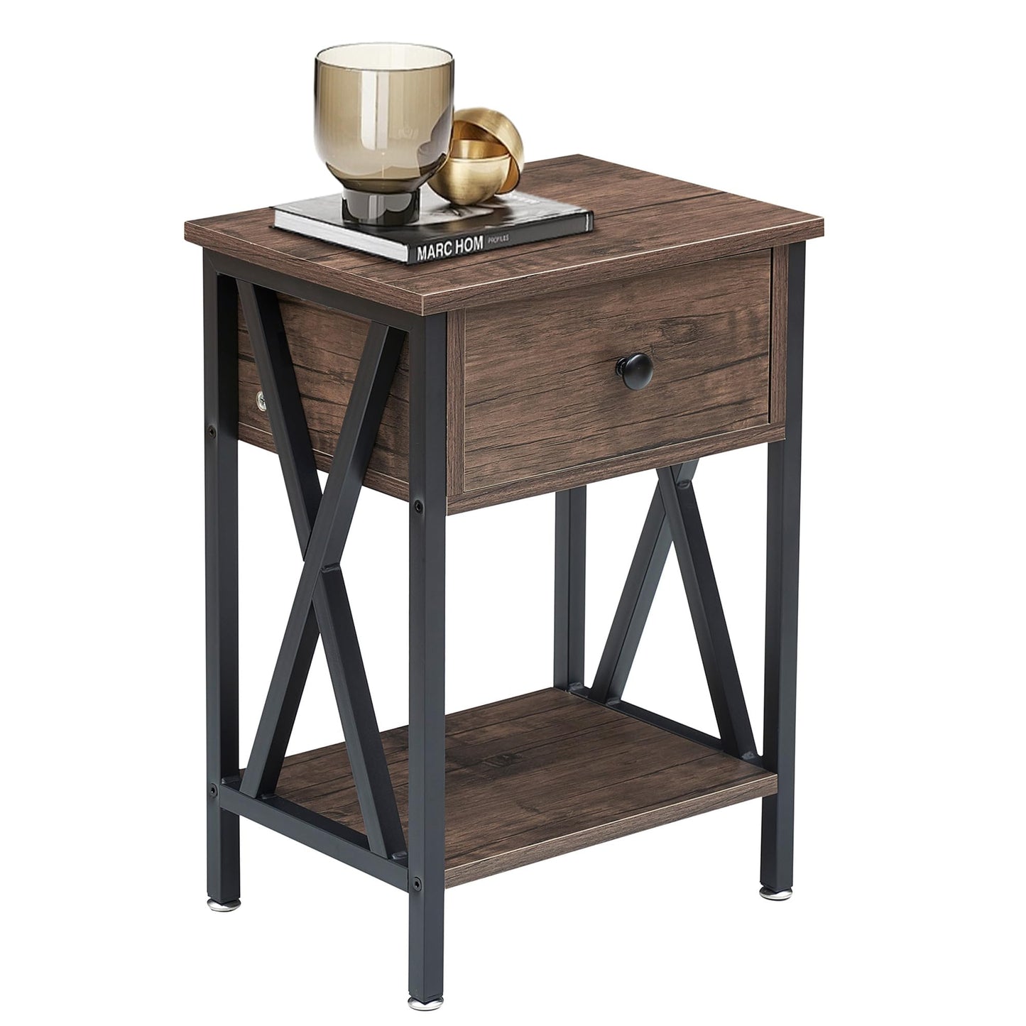 VECELO Nightstand,Modern Bedside End Table, Night Stand with Drawer and Storage Shelf for Living Room Bedroom, Industrial Metal Frame