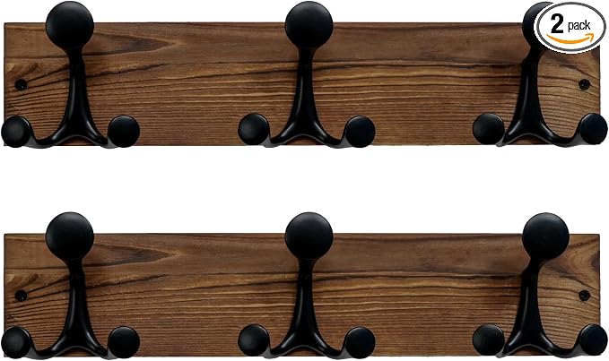 SKOLOO 17-Inch Wood Coat Rack Wall Mount with 3 Triple Hooks - Ideal for Family Entrances, Classrooms, and Pet Supplies Storage - Perfect Coat Hooks for Wall,Charred Golden Brown, Pack of 2