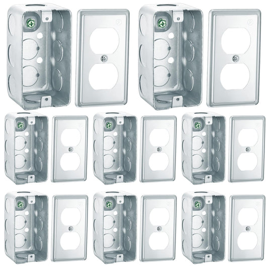 Copkim 8 Set 4 x 2 Inch Electrical Junction Box with Cover Square Plenum Box Galvanized Steel Metal Outlet Boxes, Ten 1/2'' Knockouts, 1-7/8" Deep, 13 Cu. in. Capacity (Duplex Receptacle Cover)