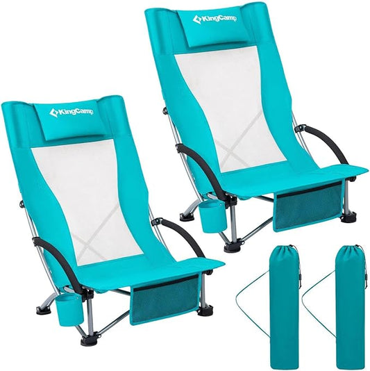 KingCamp Low Beach Chairs, Portable Folding Chair for Adults Extra Wide Ergonomic High Back Seat 300lbs Heavy Duty Lightweight Oversized Gear with Carry Bag for Outdoor Lawn Camping Picnic
