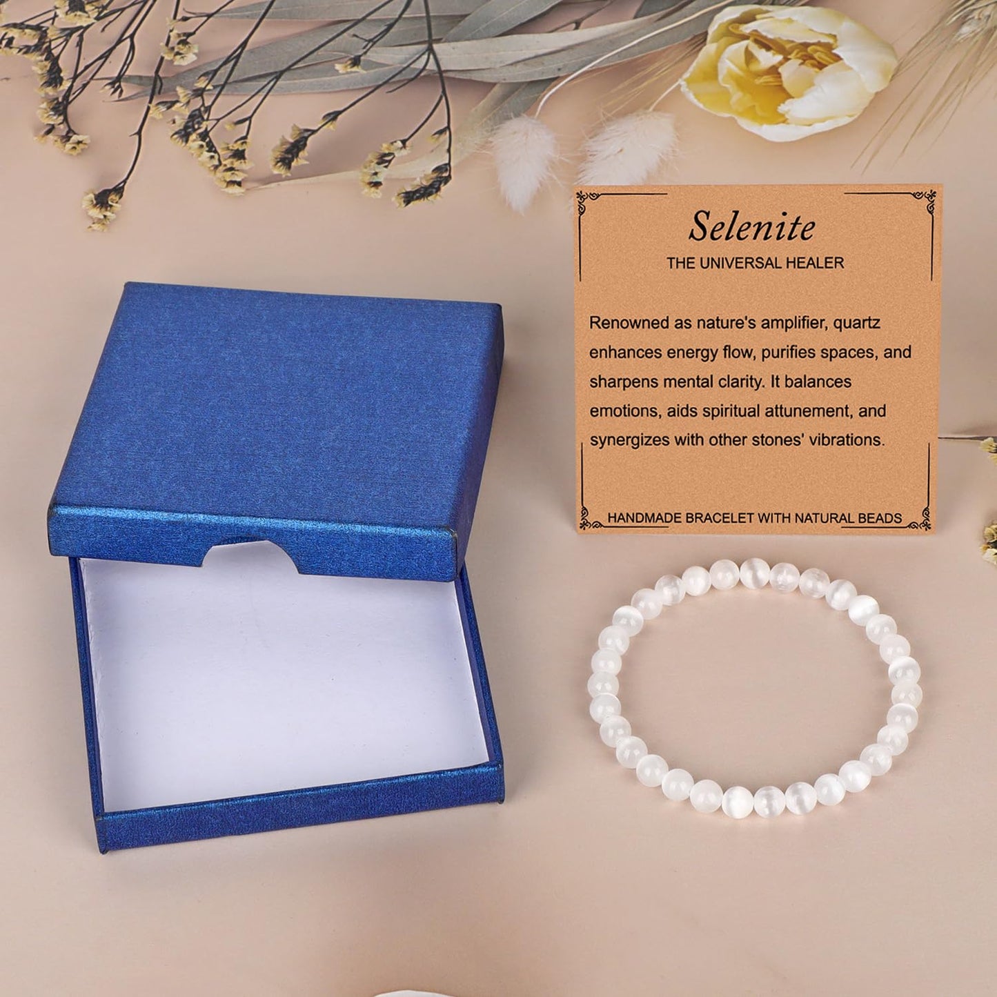 LPBeads Handmade Natural Gemstone Stretch Elastic 6mm White Selenite Bracelet Healing Crystal Round Stone Beads Jewelry Gifts for Women Men