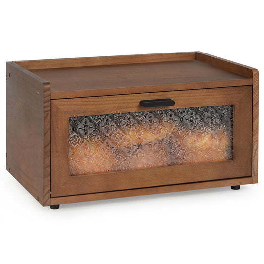 Sunhoo Bread Box for Kitchen Countertop Stackable Pind Wood Bread Bin Large Vintage Breadbox with Patterned Acrylic Door Pantry Storage Organizer for Sourdough Bagels Snacks Easy Assembly (Brown)