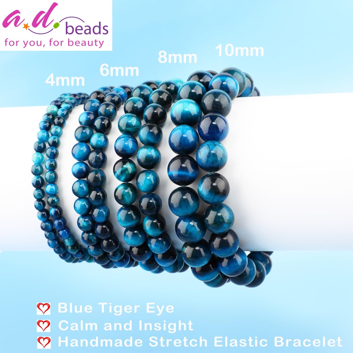AD Beads 10mm Handmade Blue Tiger Eye Elastic Bracelet – Natural Gemstone for Calm and insight – Meditation, Yoga, Healing and Energy Gift for Men Women