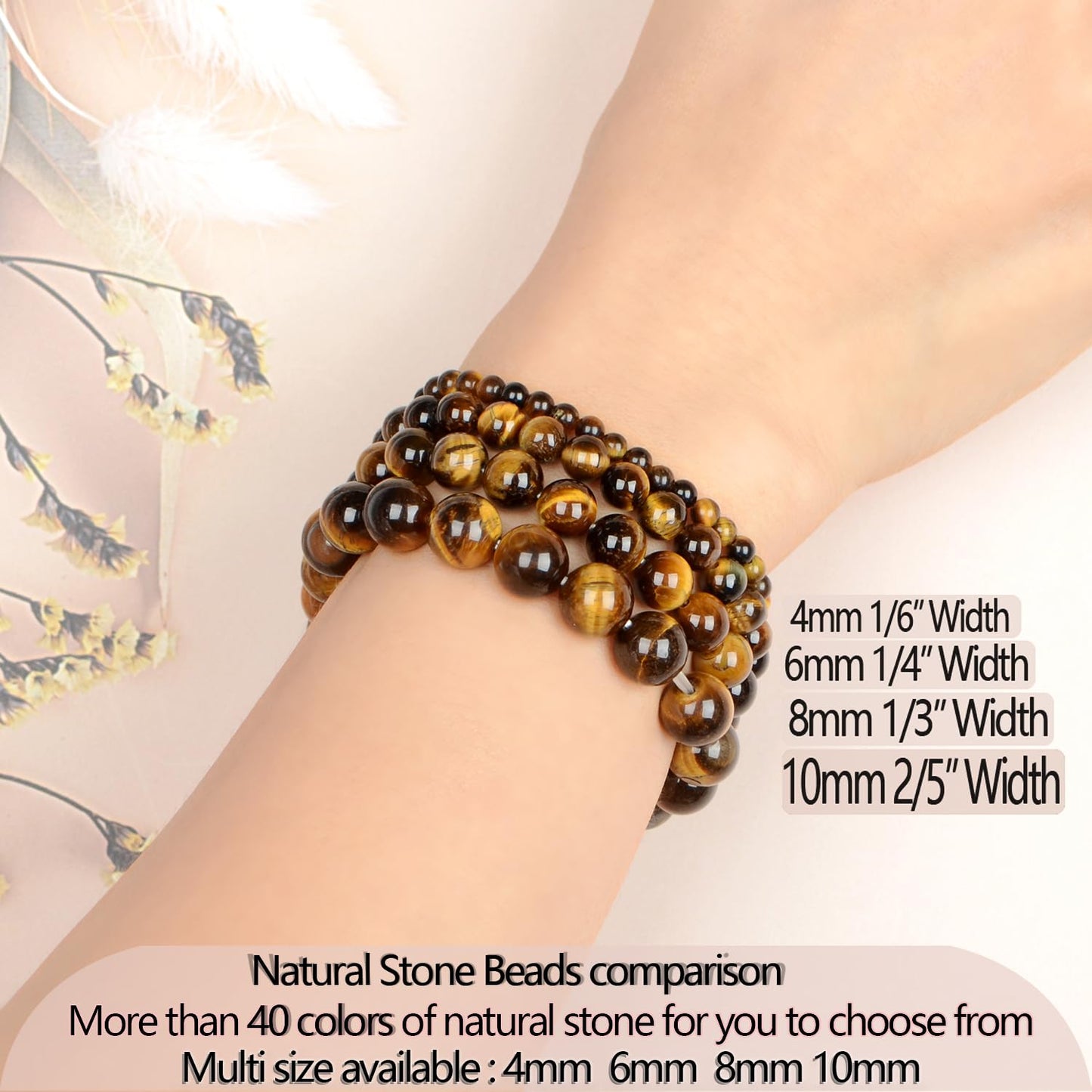 LPBeads Handmade Natural Gemstone Stretch Elastic 10mm Yellow Tiger's Eye Bracelet Healing Crystal Round Stone Beads Jewelry Gifts for Women Men