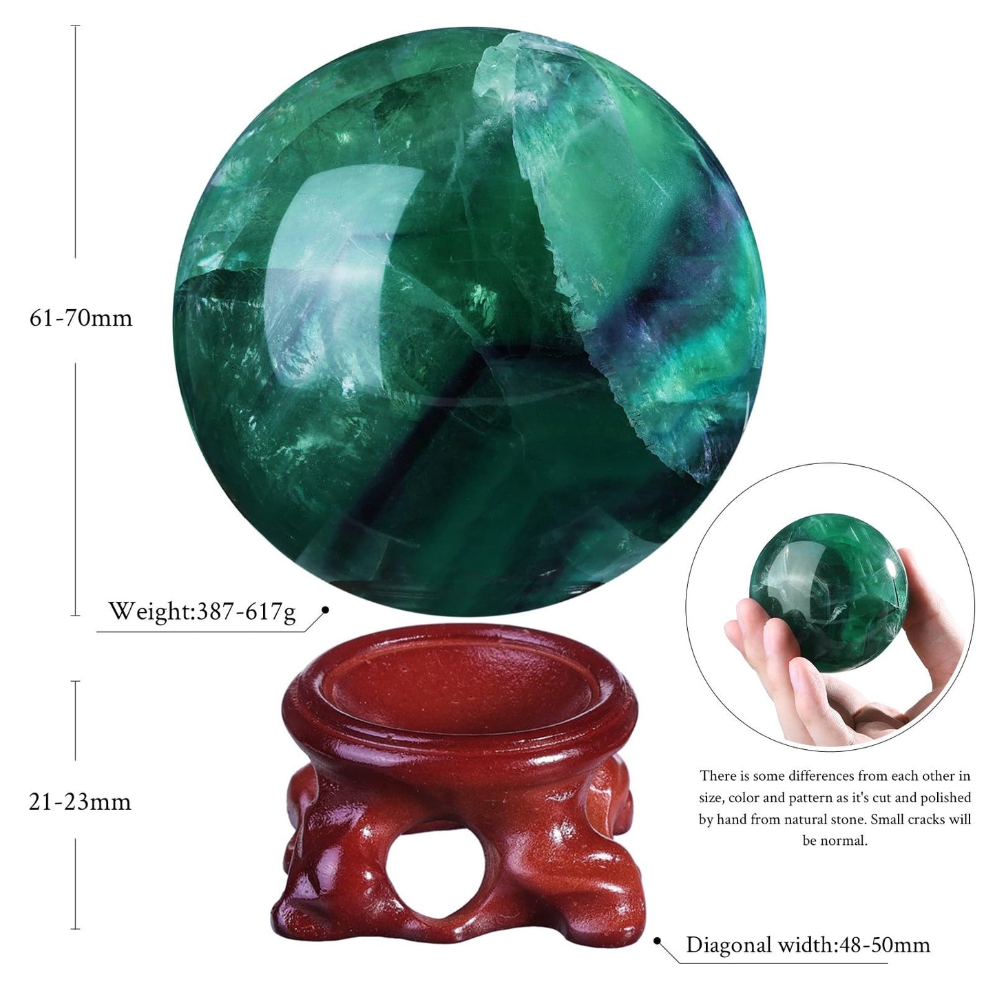 Nupuyai Natural Green Flourite Crystal Ball with Resin Stand, Healing Crystal Sphere for Home Decor 2.4"-2.76"(61mm-70mm)