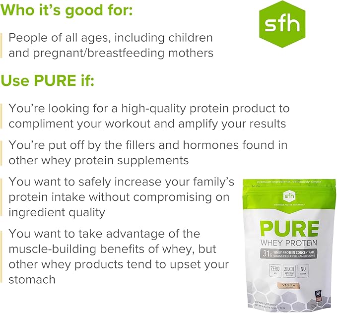 SFH Pure Whey Protein Powder (Vanilla) Best Tastin Grass Fed Whey | All Natural | Non-GMO, No Artificials, Soy Free, Gluten Free | (Vanilla, 31.9 Ounce (Pack of 1)