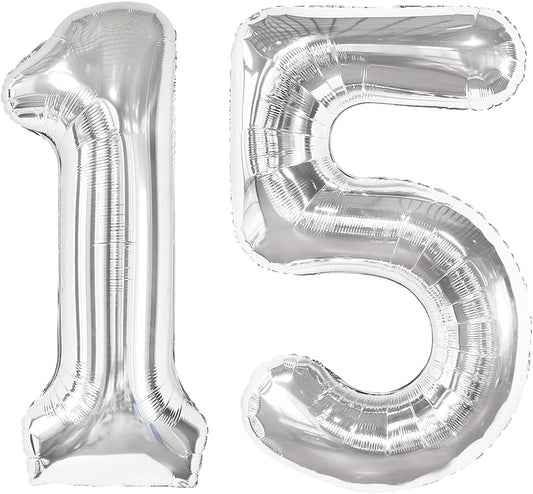 Number 15 Balloon by Silver | 40-Inch Silver Birthday Decoration for 15th Birthday Party