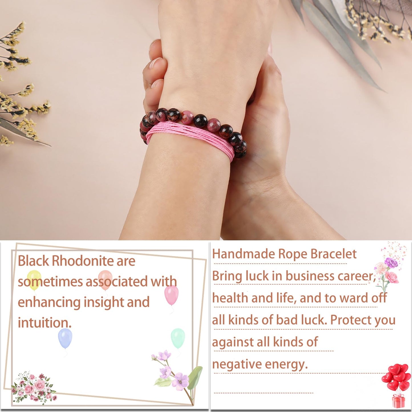 LPBeads 8mm Pink Black Rhodonite Bracelet with Handmade Rope Bracelet Size Adjustable Natural Stone Crystal Healing Bracelets Gifts for Unisex Adults