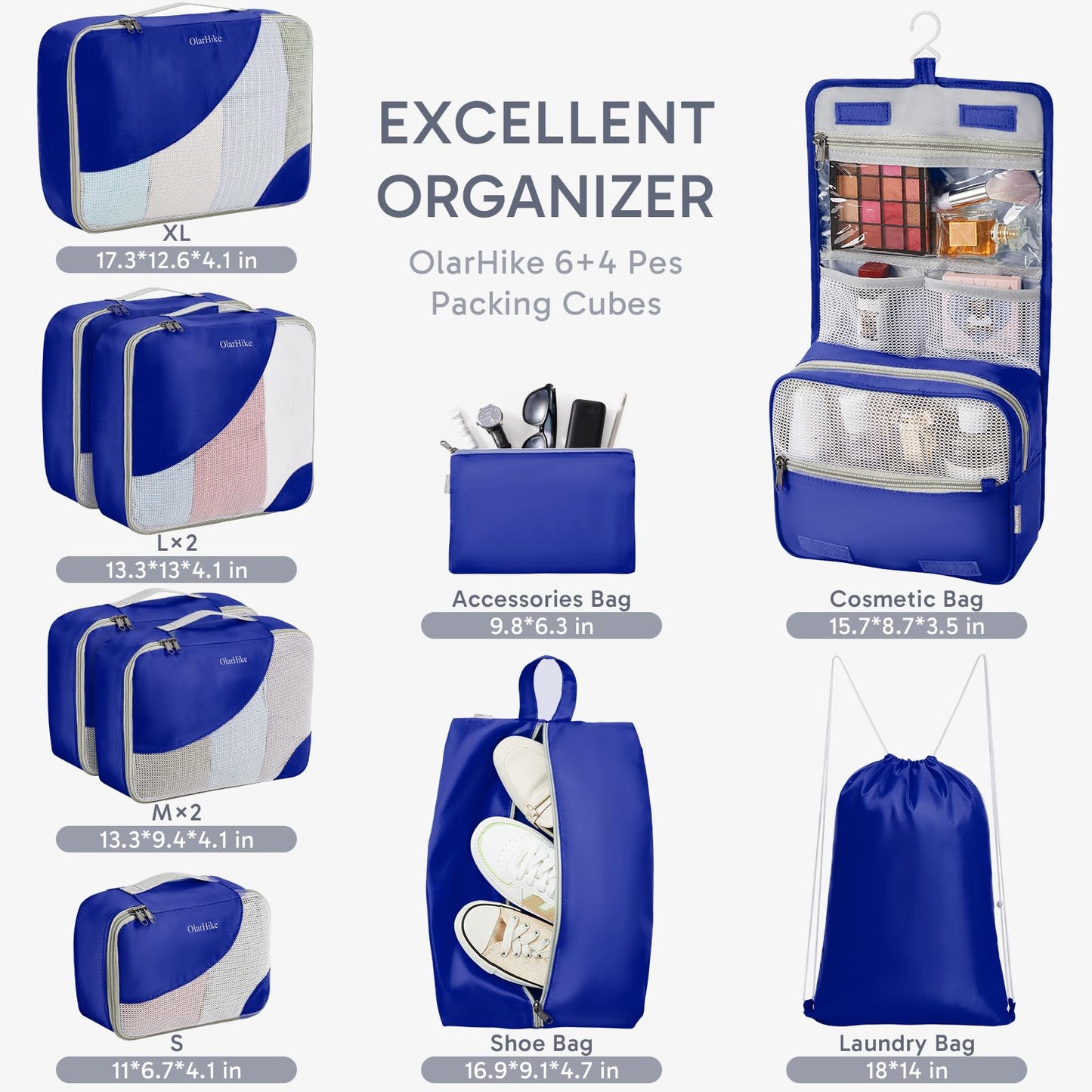 ALL INCLUDED 10 Set Durable Packing Cubes for Suitcases,OlarHike Essentials for Travel, UPGRADED Anti-Tear Stitching, NEW Improved Luggage Packing Organizers for Travel Accessories (Klein Blue)
