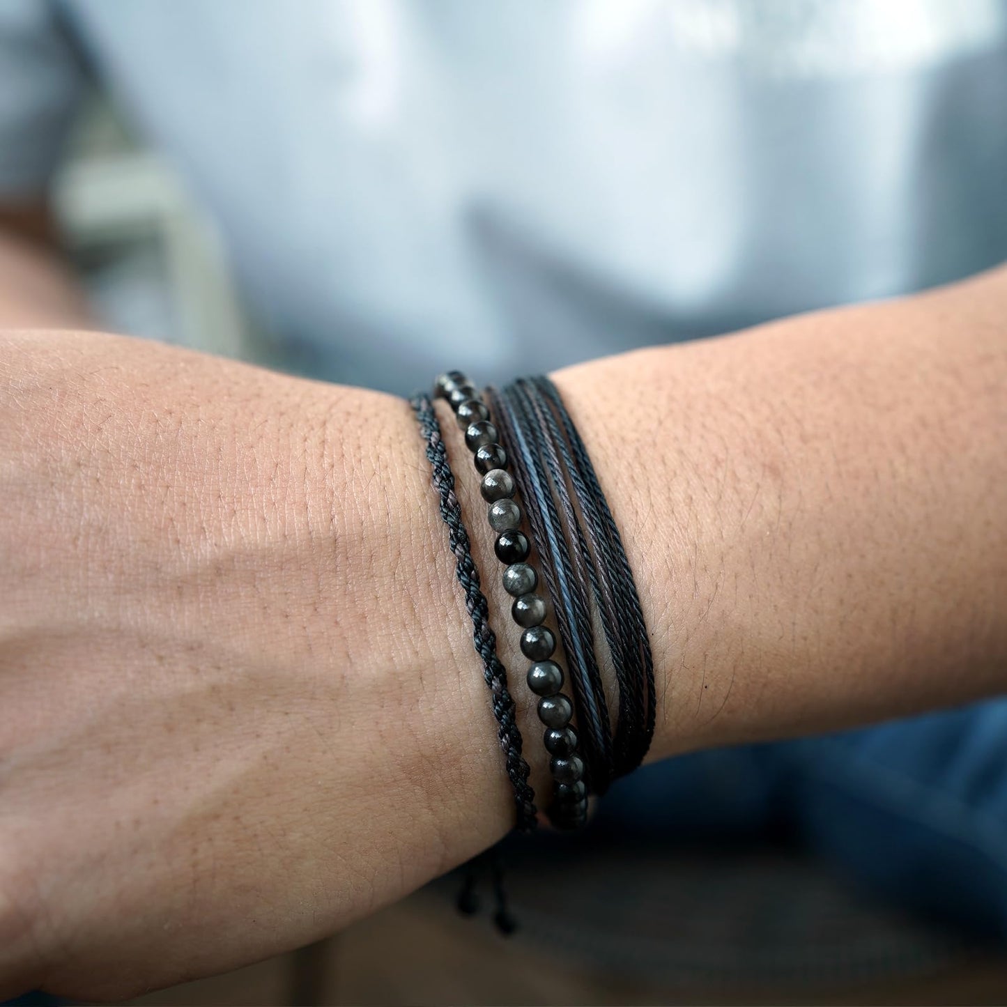 Handmade Natural Stone Beaded Healing Bracelet Gift for Men Adjustable Rope String Bracelet (Silver Sheen Obsidian, Adjustable)