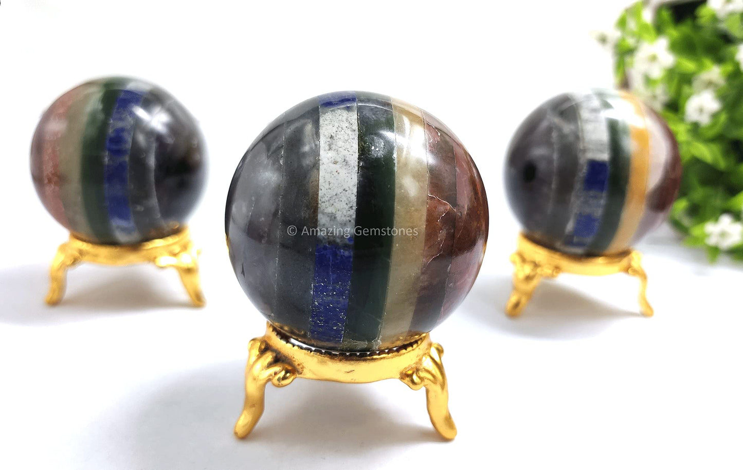 Amazing Gemstone Seven Chakra Crystal Sphere Round Ball with Sphere Holder Stand, Natural Healing Stone Sphere for Massage Meditation Crystal Grid Witchcraft Supplies Reiki Yoga