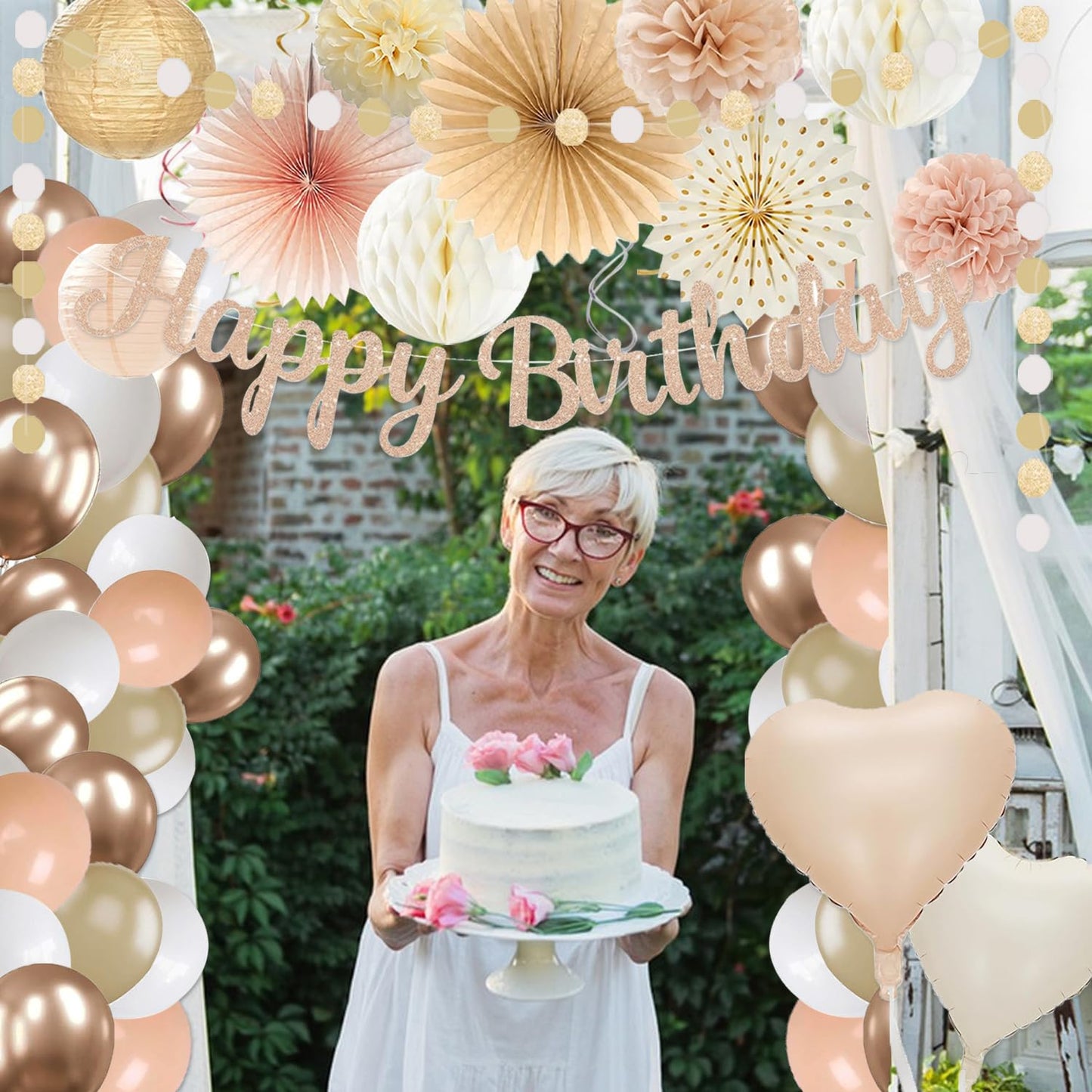 Champagne-Gold Beige Birthday Decorations for Women Girls,Cream Neutral Balloons Décor,Happy Banner,Boho Peach Paper Lanterns Tissue Pom Poms Fan,Anniversary Princess Backdrop Party Supplies