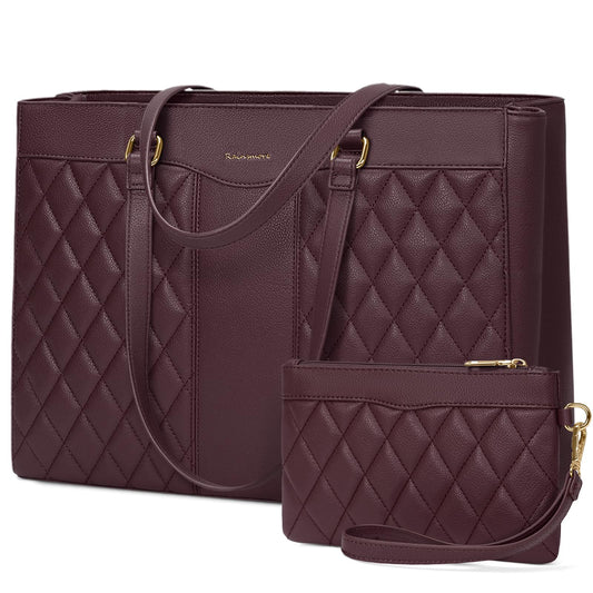 RAINSMORE Laptop Bag for Women 15.6 Inch Work Tote Bags Leather Laptop Tote Professional Laptop Purse Computer Handbag Womens Briefcase Tote with Clutch for Teacher Office Travel, Dark Purple