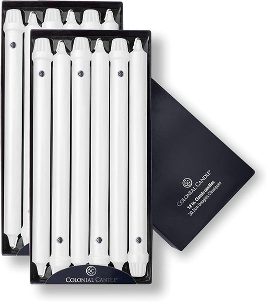 Colonial Candle Unscented Taper Candle, Classic Collection, White, 12 In, Pack of 12 - Up to 10 Hours Burn
