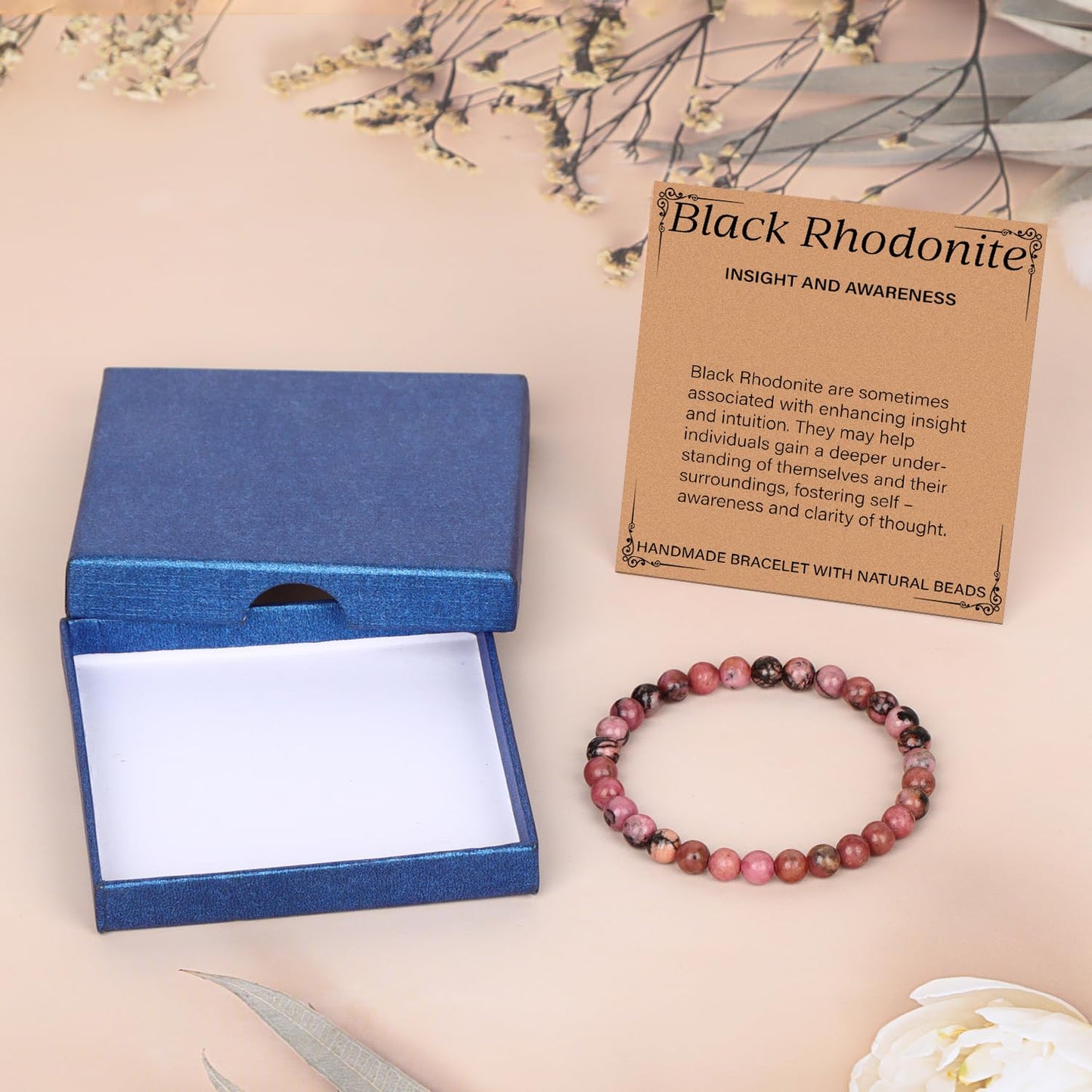 LPBeads Handmade Natural Gemstone Stretch Elastic 6mm Pink Black Rhodonite Bracelet Healing Crystal Round Stone Beads Jewelry Gifts for Women Men