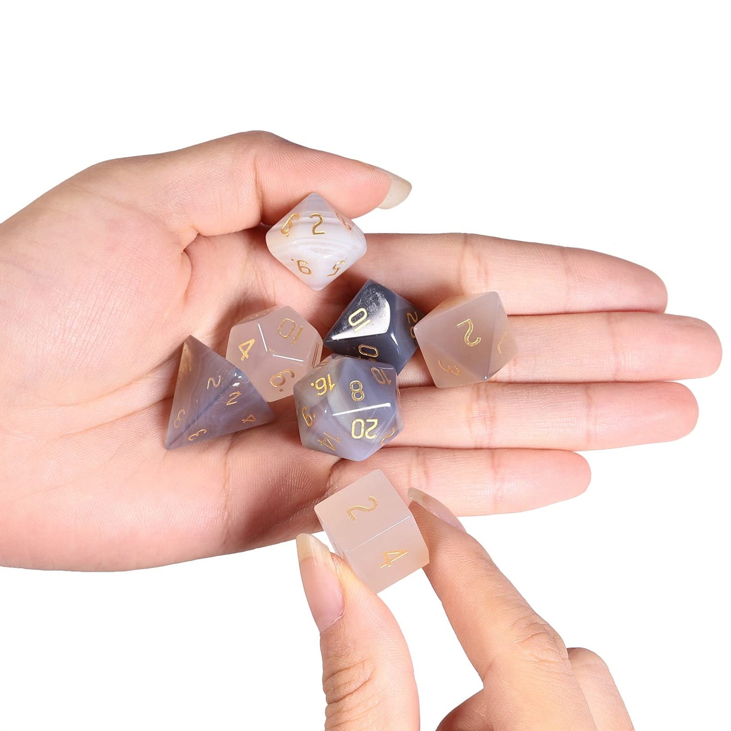 mookaitedecor 7 PCS Grey Agate Crystal Polyhedral DND Dice Set, Polished Tumbled Stones Dices for RPG MTG Table Games Home Decoration