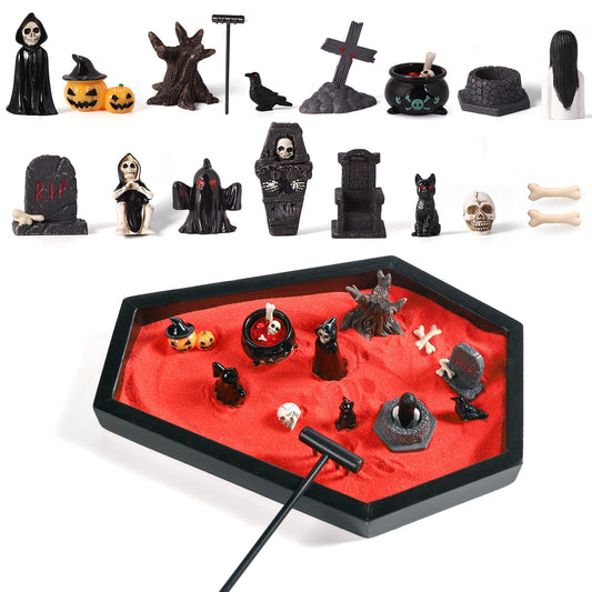 funsky Coffin Zen Garden for Desk,Mini Zen Garden Kit Goth Accessories for Office Spooky Witchy Fantasy Whimsigoth Home Room Decor，Halloween Miniatures Town Village Horror Figurines Decorations Gifts