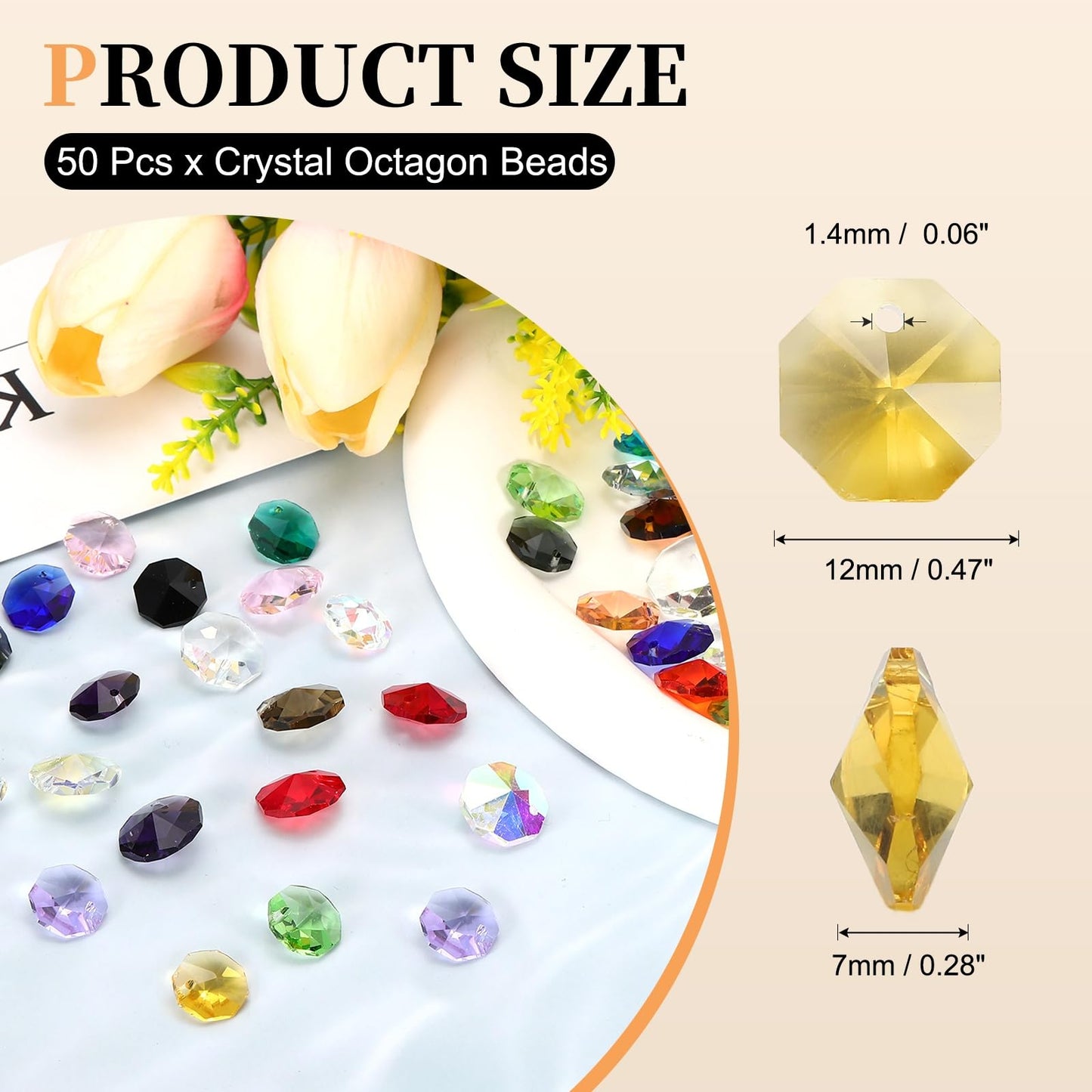 uxcell 50Pcs 1 Hole Crystal Octagon Beads, 12mm K9 Glass Hanging Chandelier Beads Prisms Parts for Crystal Chandeliers Lamp Hanging Pendant Jewelry DIY Craft, Yellow