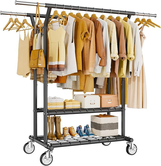 HYSEYY Heavy Duty Clothes Rack, Rolling Clothing Rack With Shelves Load 620 LBS, Double Rod Clothing Racks for Hanging Clothes, Portable& Adjustable Clothes Rack with Wheels,Black