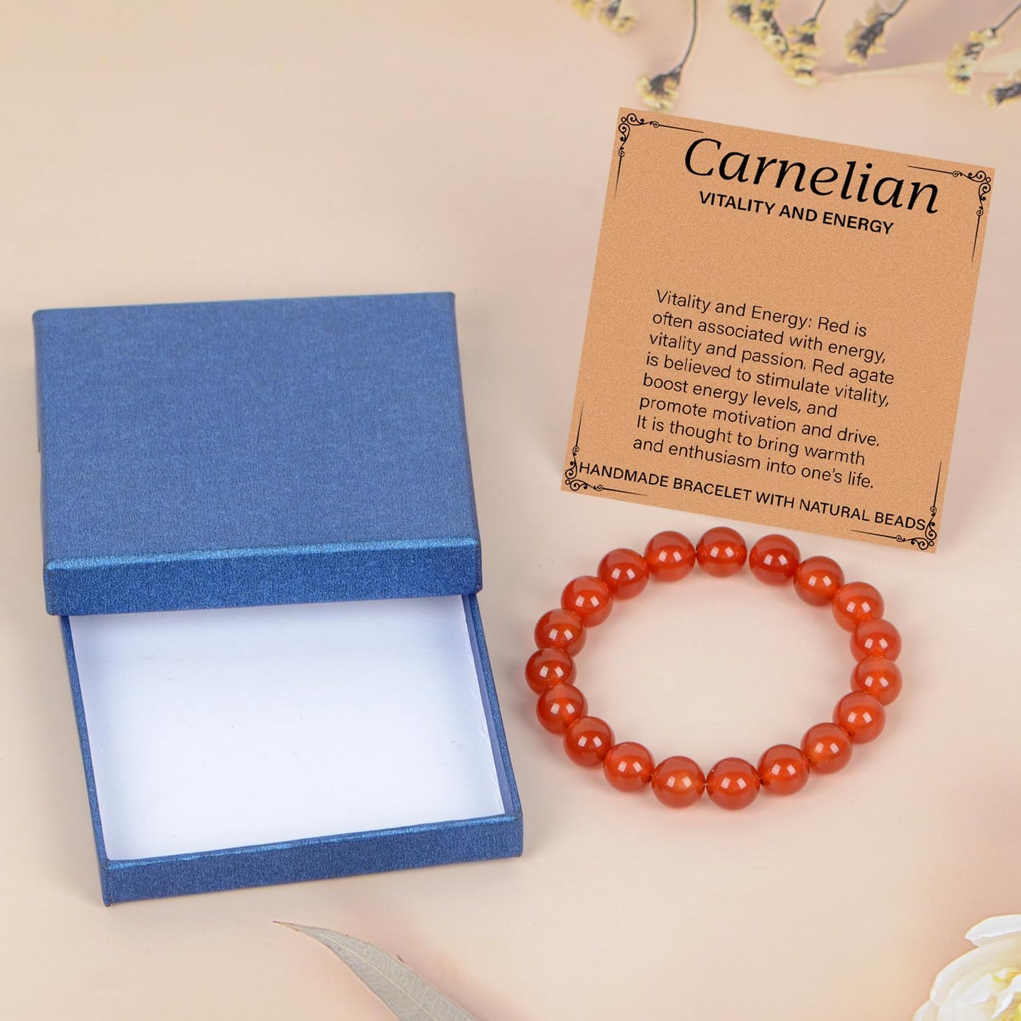 LPBeads Handmade Natural Gemstone Stretch Elastic 10mm Carnelian Bracelet Healing Crystal Round Stone Beads Jewelry Gifts for Women Men