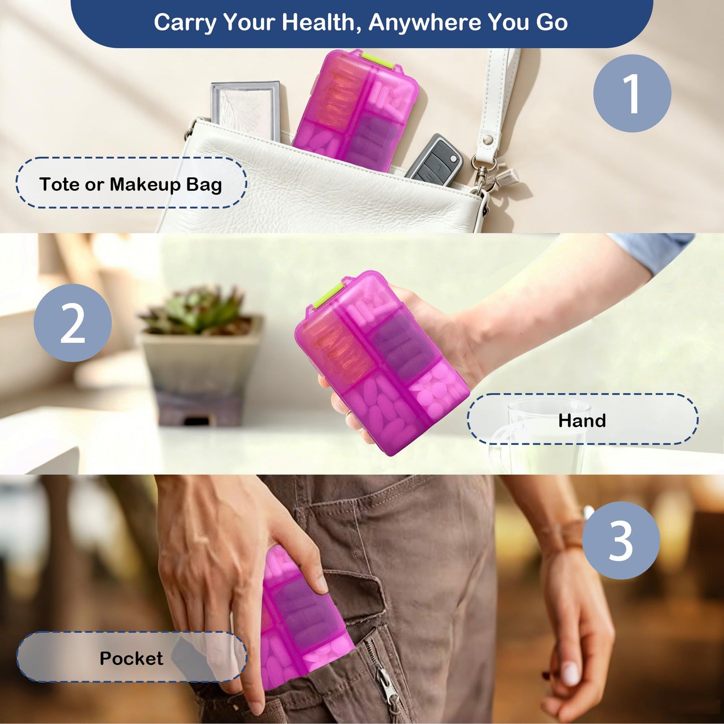 2026 New Extra Large Pill Box with Medicine Labels Travel Essentials Daily Med Container Mini Medication Organizer Storage Organizer Case 7 Day Pill Organizer(Pink)