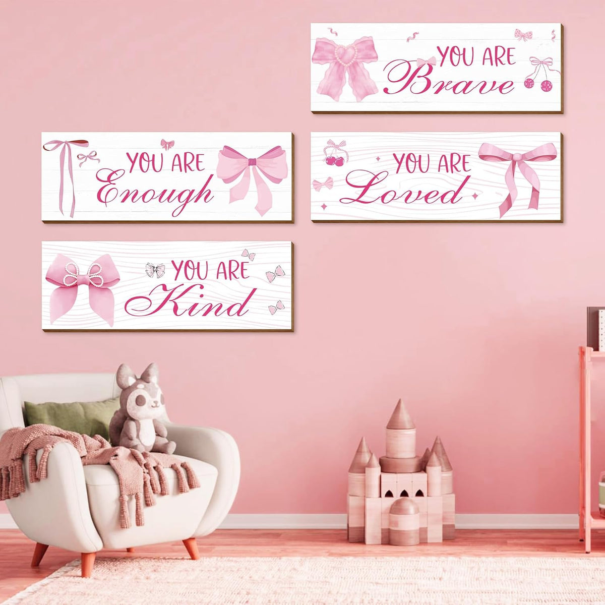 Skiennix Pink Wall Decor - 4 Pcs Inspirational Affirmations Art for Teen Girls' Rooms