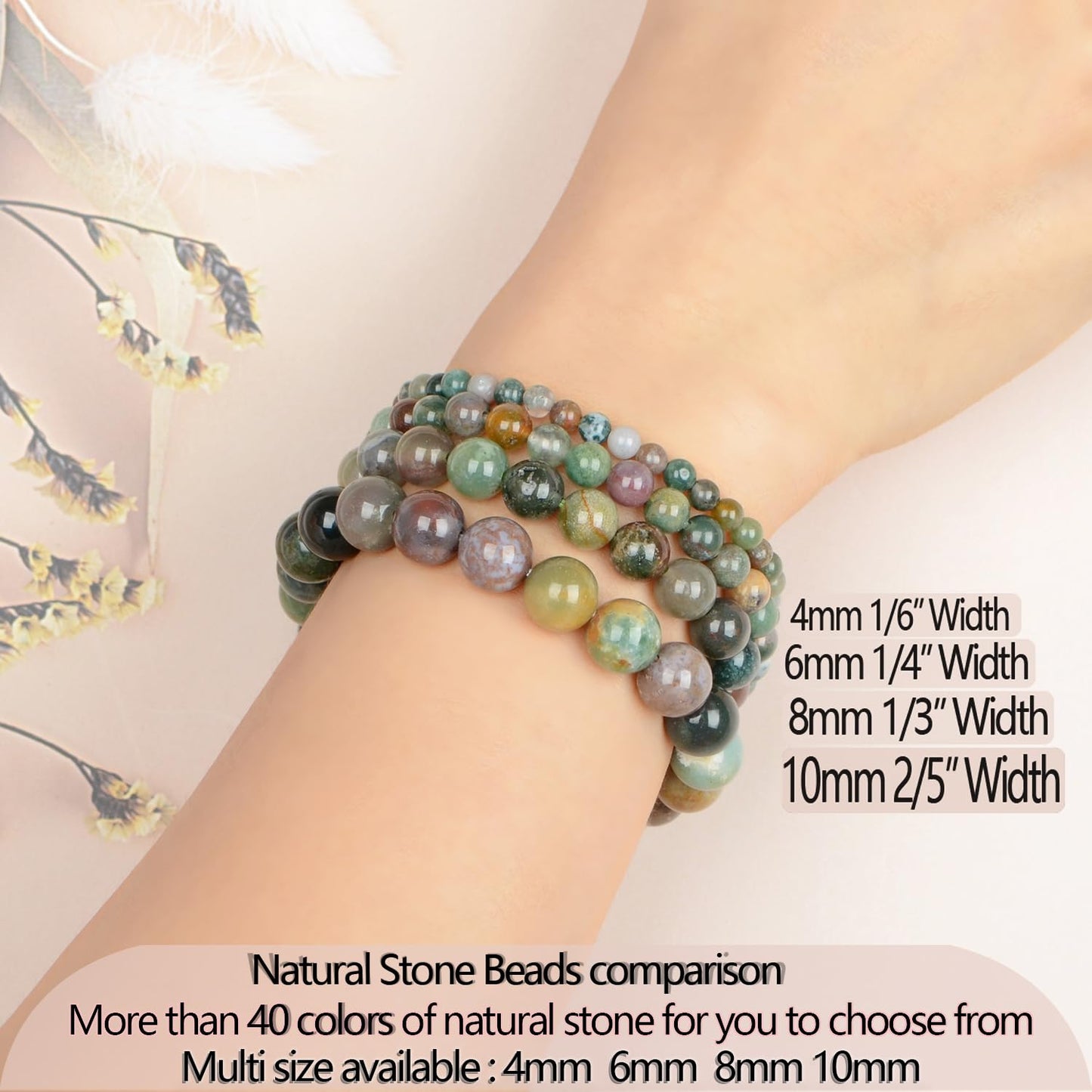 LPBeads Handmade Natural Gemstone Stretch Elastic 8mm Indian Agate Bracelet Healing Crystal Round Stone Beads Jewelry Gifts for Women Men