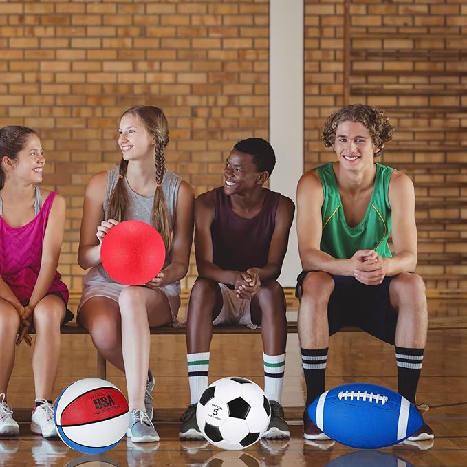 Deekin 8 Pcs Sports Balls Set for Adult Assorted Football Basketball Soccer Playground Balls Official Size with Bags Pumps Outdoor Sports Equipment Athletic Gift