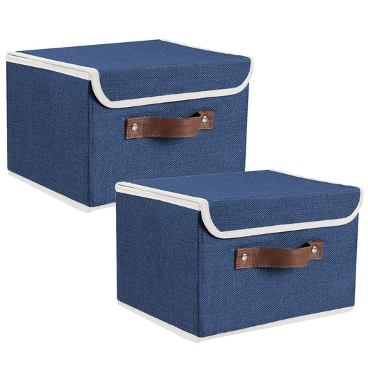 Lucky Monet Storage Bins Boxes with Lids 2 Pack Decorative Storage Boxes Collapsible Fabric Storage Basket Containers Lidded Storage Cube for Organizing Closet Home Office, 10"x 8"x 7" (Blue)