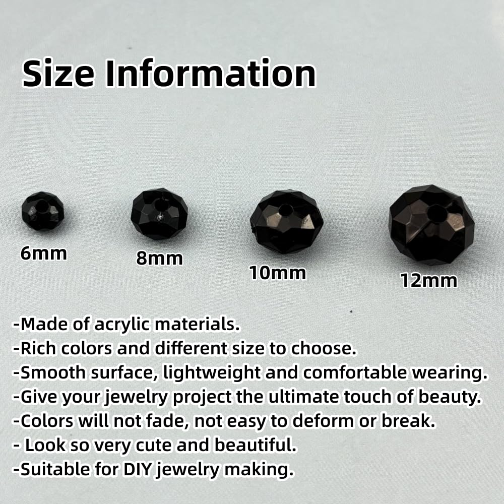 YHYPOCI 100pcs 12mm Acrylic Crystal Beads, Faceted Rondelle Acrylic Spacer Beads for Wind Chimes Bracelet Necklace Earring Keychain Jewelry Making DIY Crafts(Black)