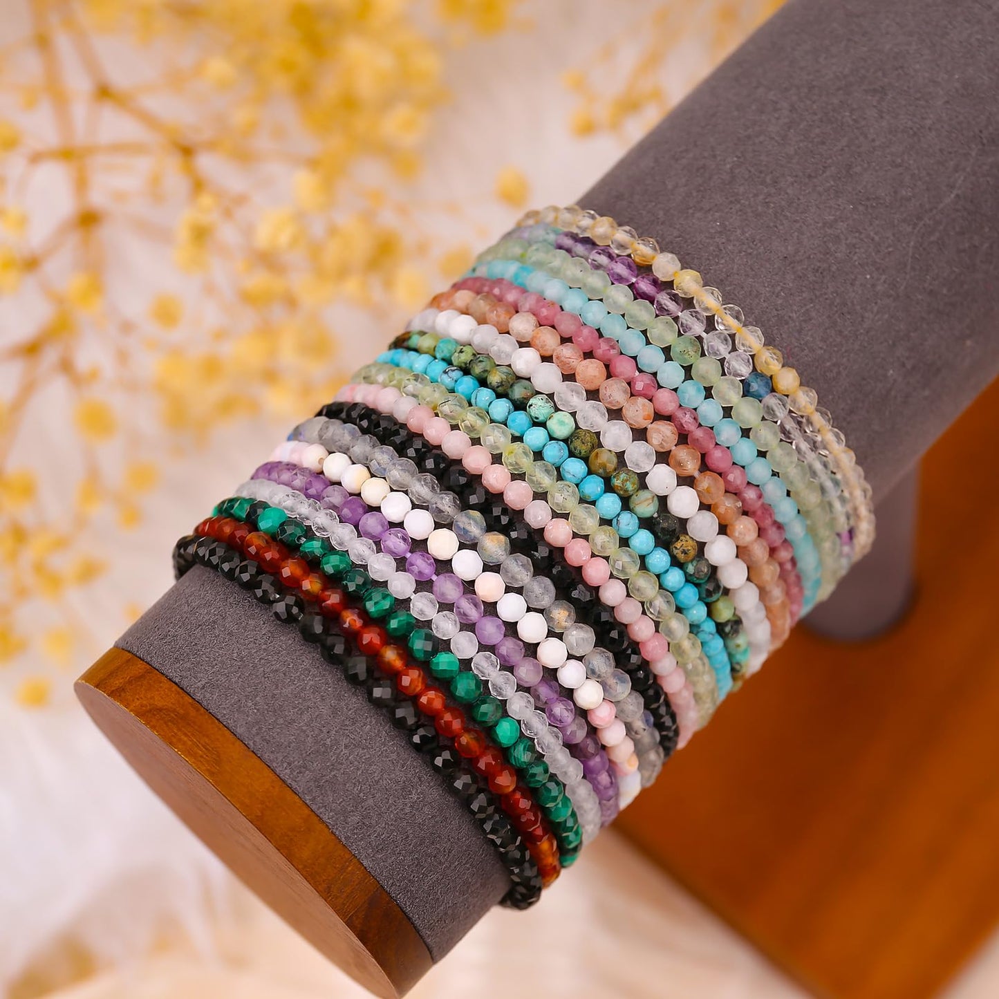 BONNY BOXX Natural Genuine Gemstone Faceted Round Beads Bracelets, 3mm Adjustable Stretchy Tiny Faceted Pink Shell Bracelet, Healing Crystal Reiki Chakra Dainty Jewelry Fashion Gifts