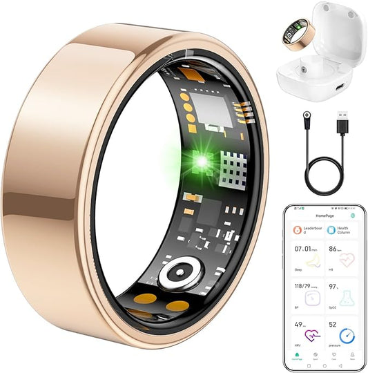 Ring Health Tracker for Women Men, Fit Ring with Heart Rate, Blood Oxygen, Sleep Monitor, Calories, Step Counter, IP68 Waterproof Smart Ring for iPhone & Android, No Subscription Fee (Rose Gold, 12#)
