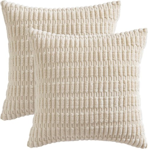 MIULEE Corduroy Decorative Throw Pillow Covers - Soft Boho Striped Design | 12x12 Inch Cream White for Sofa & Bed