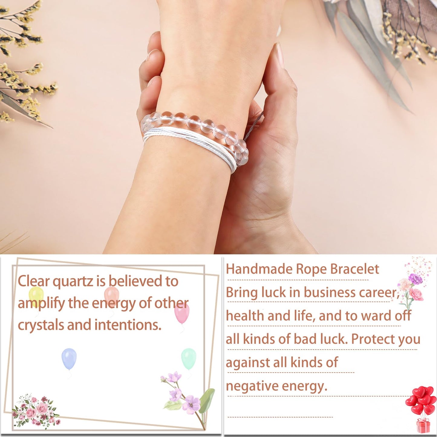 LPBeads 8mm Clear Quartz Bracelet with Handmade Rope Bracelet Size Adjustable Natural Stone Crystal Healing Bracelets Gifts for Unisex Adults