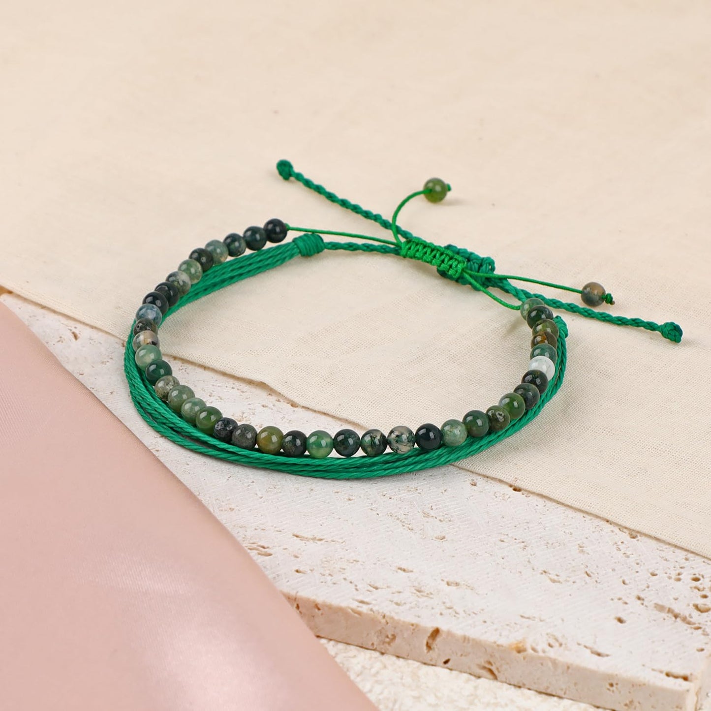 LPBeads 4mm Moss Agate Bracelet with Handmade Rope Bracelet Size Adjustable Natural Stone Crystal Healing Bracelets Gifts for Unisex Adults