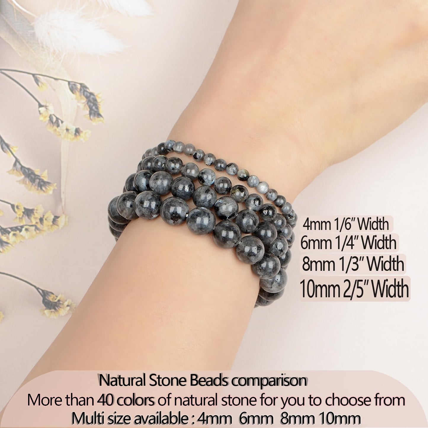 LPBeads Handmade Natural Gemstone Stretch Elastic 8mm Black Larvikite Bracelet Healing Crystal Round Stone Beads Jewelry Gifts for Women Men