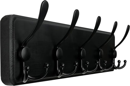 WEBI Coat Rack Wall Mount,Coat Hooks Wall Mounted Rustic,16" Hole to Hole,Large Coat Hanger Wall,Wood Hook Rack,5 Triple Hooks for Hanging Coats,Jacket,Clothes,Farmhouse,Black