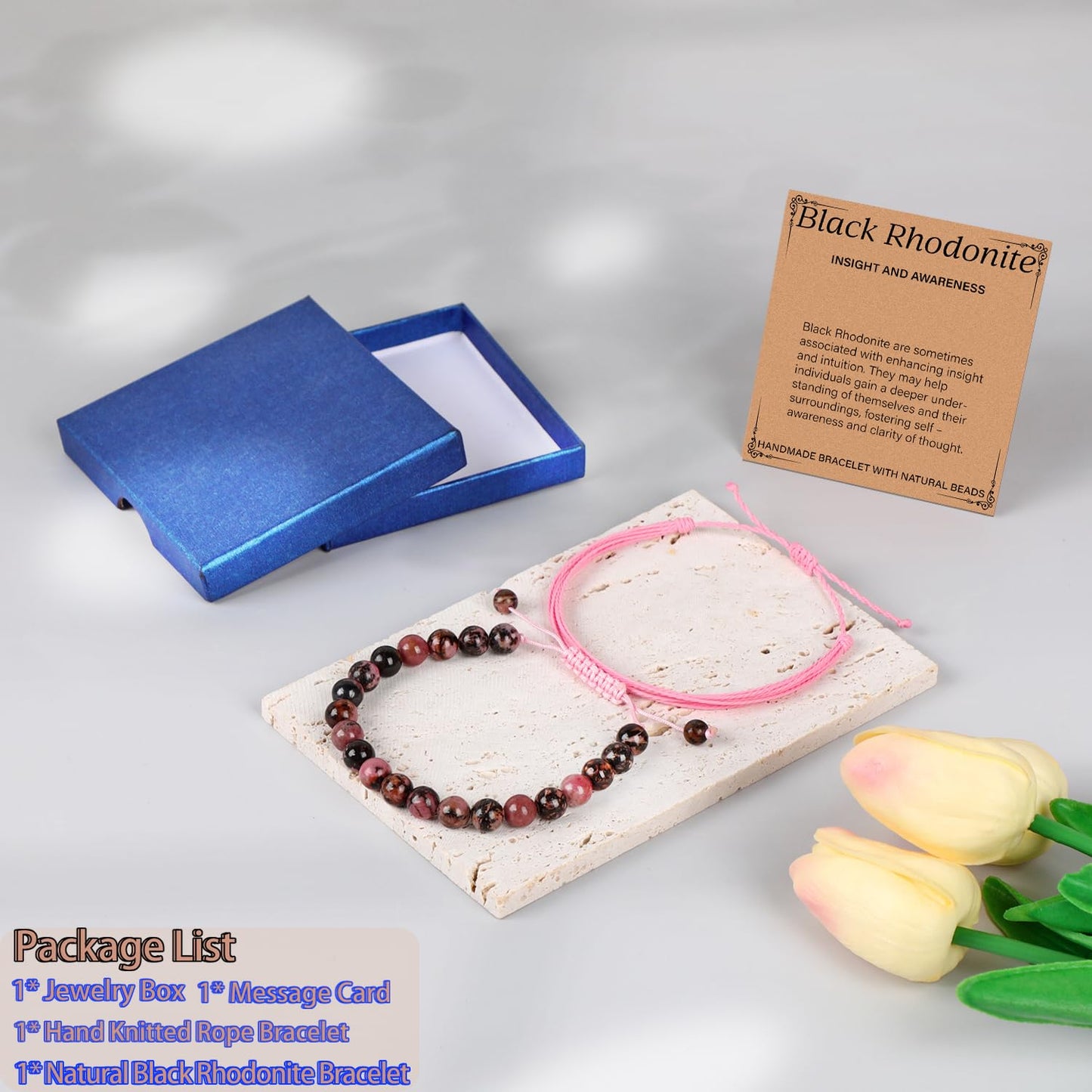 LPBeads 8mm Pink Black Rhodonite Bracelet with Handmade Rope Bracelet Size Adjustable Natural Stone Crystal Healing Bracelets Gifts for Unisex Adults