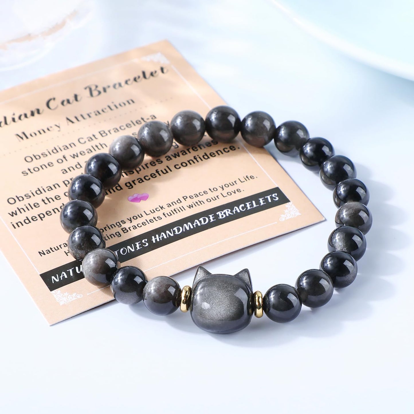 AD Beads 10mm Handmade Obsidian Cat Bracelet Elastic Bracelet – Natural Gemstone for Money Attraction – Meditation, Yoga, Healing and Energy Gift for Men Women