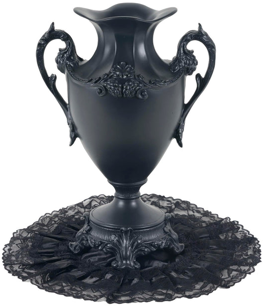 DARK GOTVIC Gothic Victorian Resin Vase with Lace Doily – Waterproof 14" Black Vase for Fresh and Artificial Flowers – Goth Home Decor, Gift, Black Wedding or Halloween Table Centerpiece