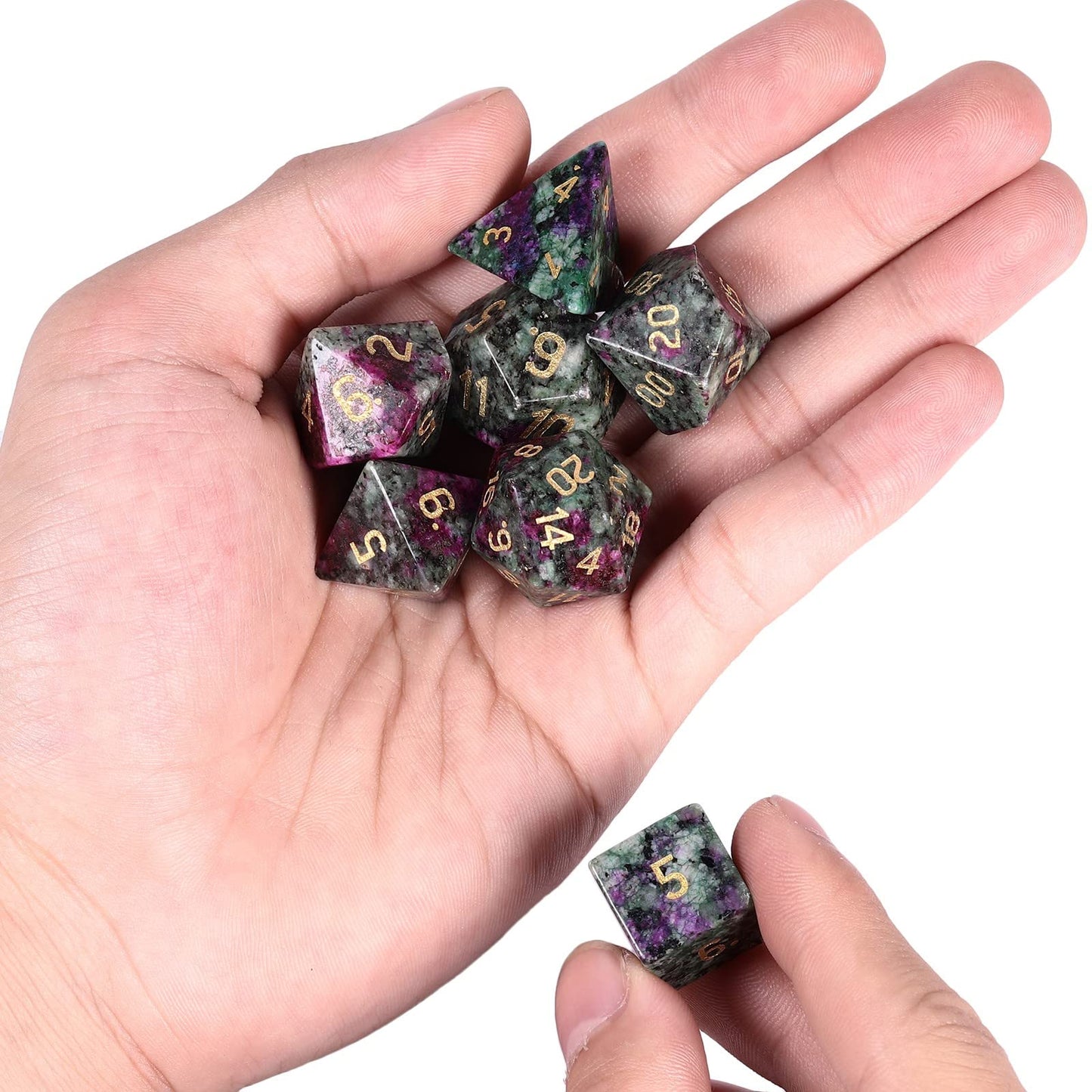 mookaitedecor 7 PCS Ruby in Fuchsite Crystal Polyhedral DND Dice Set, Polished Tumbled Stones Dices for RPG MTG Table Games Home Decoration